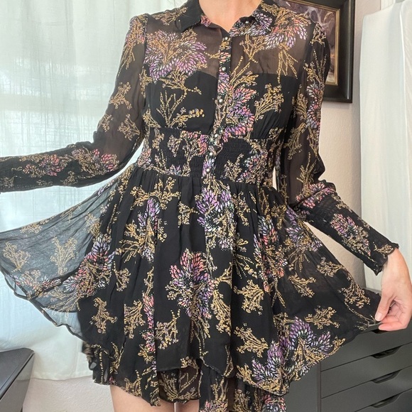 NWT Free People Sheer Layered Mini Dress Long Sleeves Collared Button Down - Picture 2 of 13